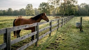 Horse near wood fence in grassy paddock
