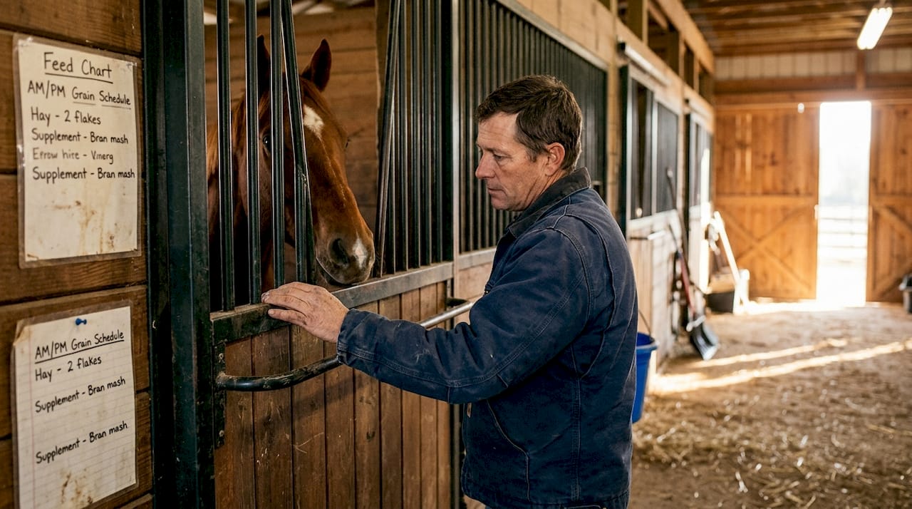 Stable hand checking horse stall grille in barn