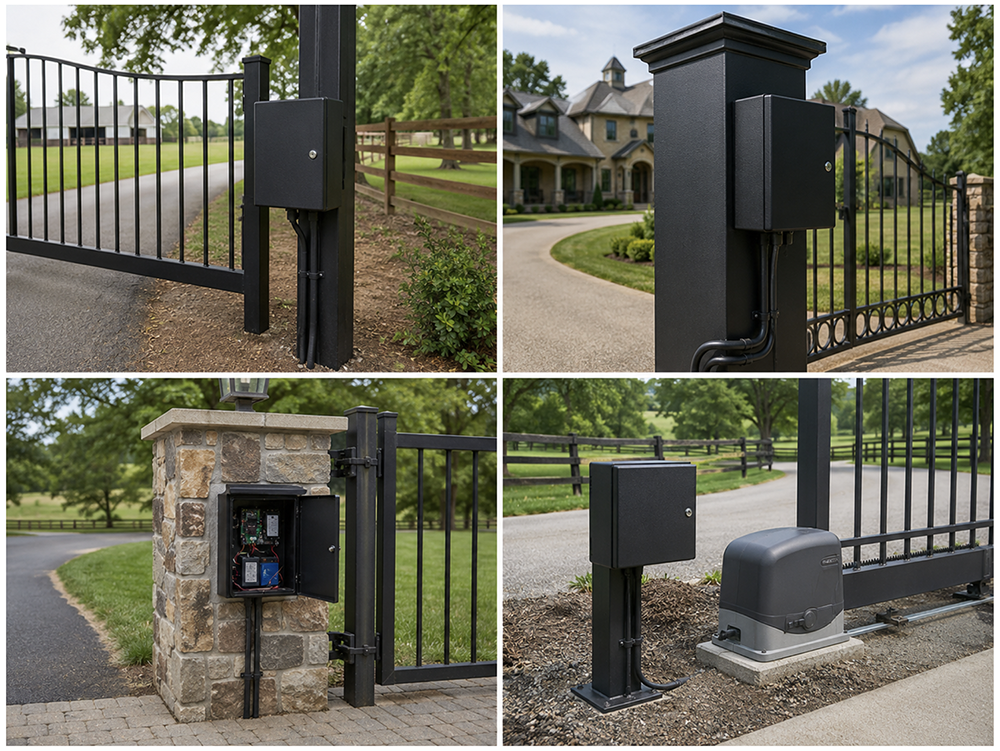 Automated swing gate control panel mounted near the gate