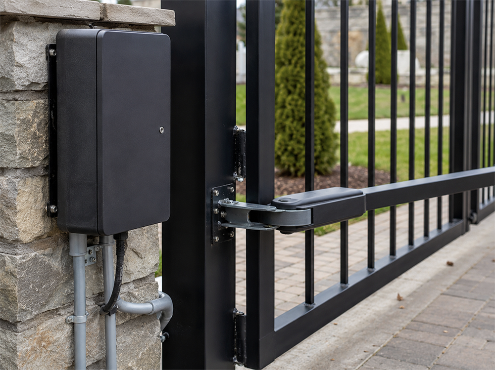Automated gate control panel installed near a sliding driveway gate